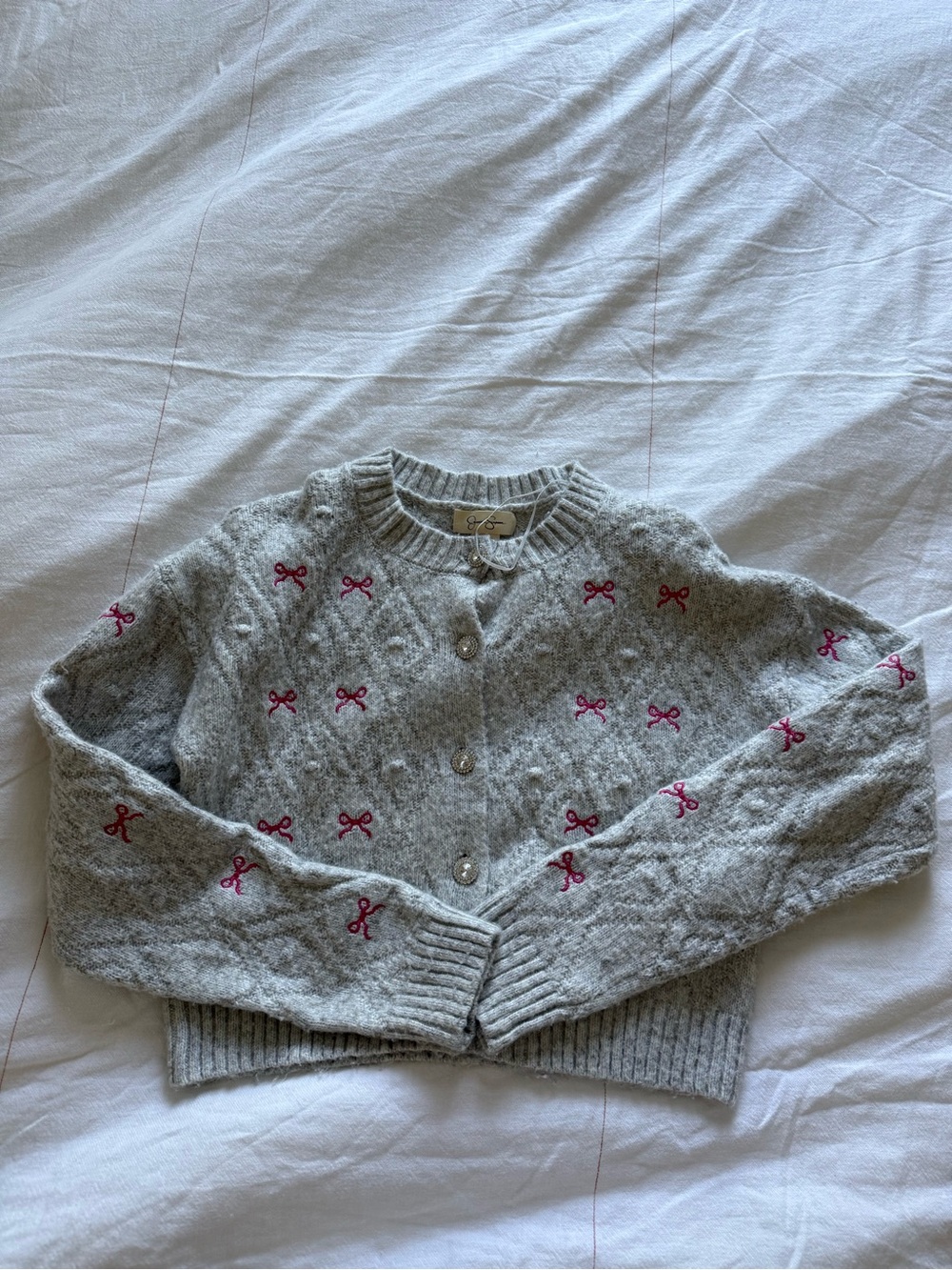 Jessica Simpson Gray Cropped Cardigan with Pink Bow Embroidery